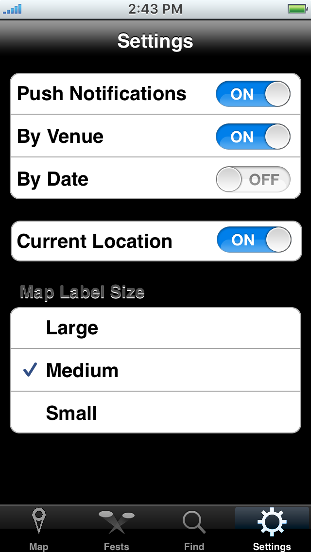 Fest Finder Settings Screen